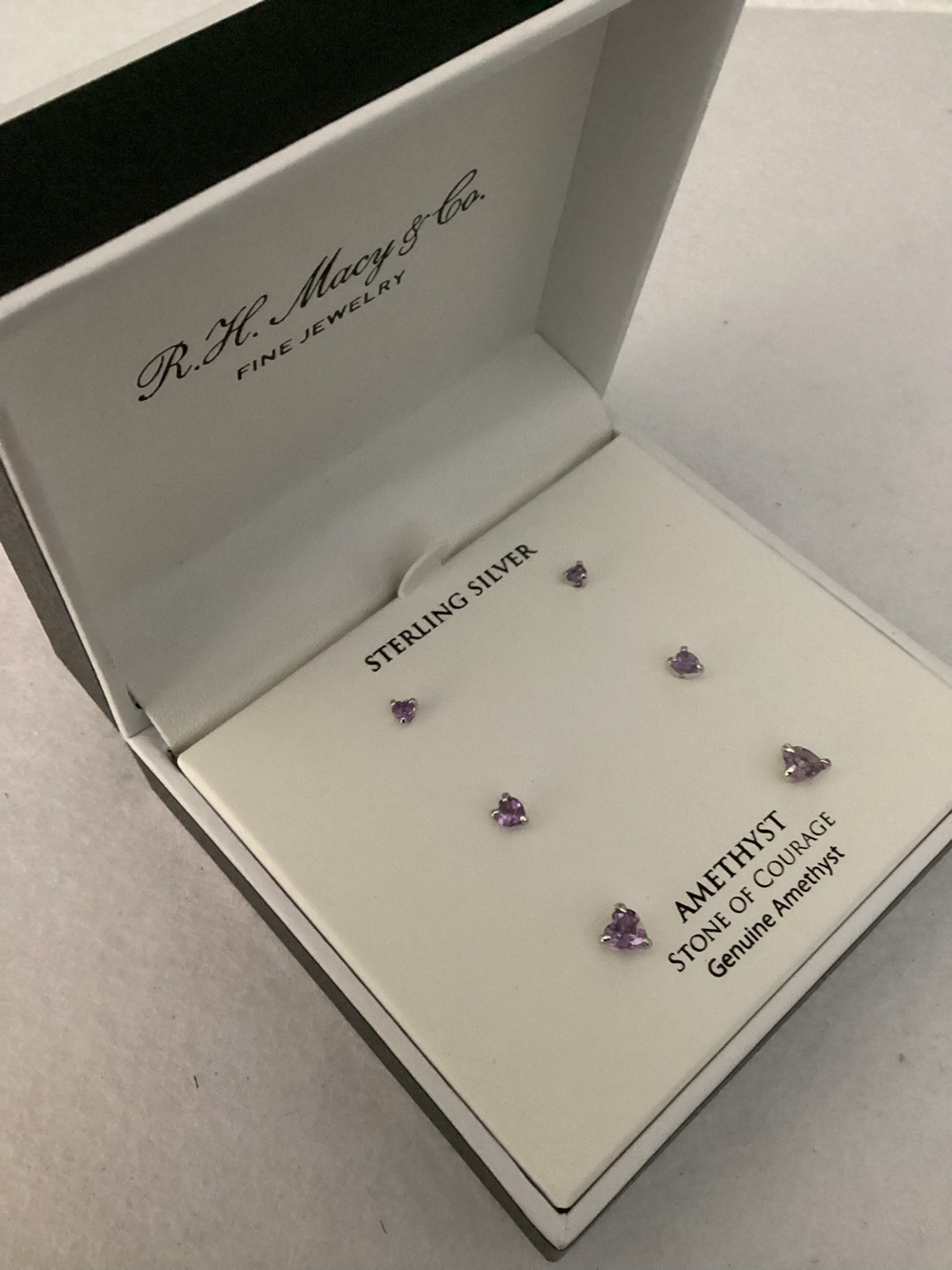 RH Macys Sterling Silver Amethyst 3 pc Heart Stud Earring Set